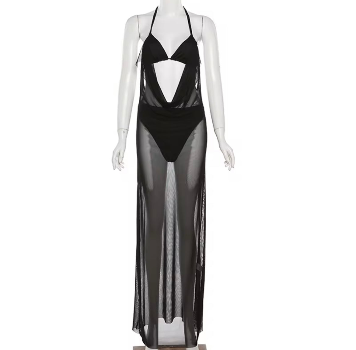 Autumn Women’s New Sexy Sleeveless Mesh Panel High Waist Slim Fit Long Dress